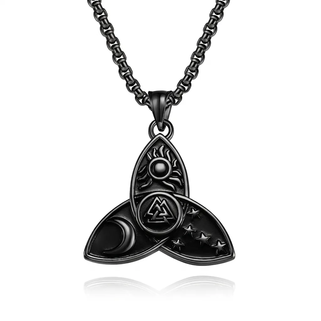 Nordic Viking Valknut Sun Moon Star Pendant Necklace Stainless Steel Celtic Knot Triple Symbol Jewelry For Men Retro Gothic Punk Jewelry
