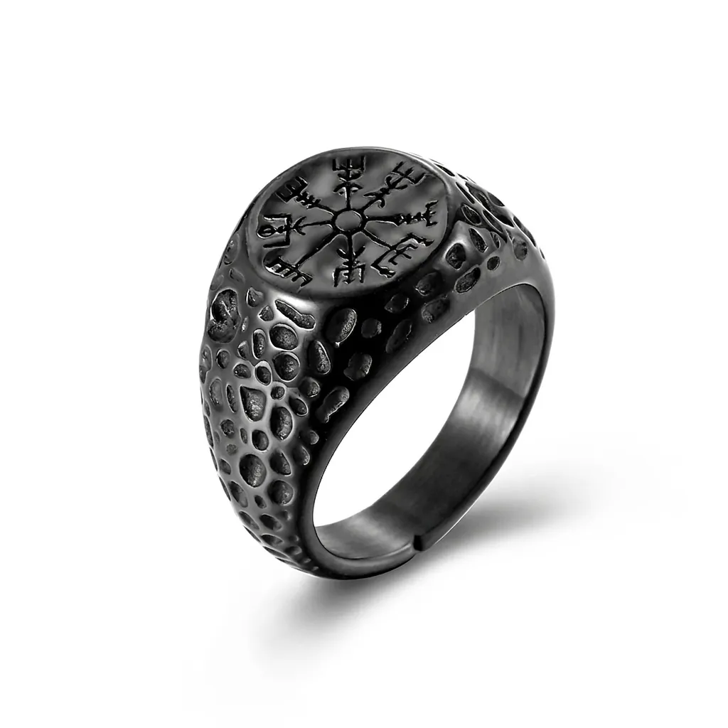 Viking Compass Stainless Steel Ring For Men Retro Nordic Vegvisir Signet Ring Pitted Texture Punk Gothic Jewelry Band