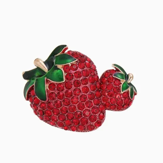 Fashion Red Rhinestone Double Strawberry Brooch For Women Alloy Fruit Jewelry Enamel Lapel Pin Gold Plated Badge Accessory