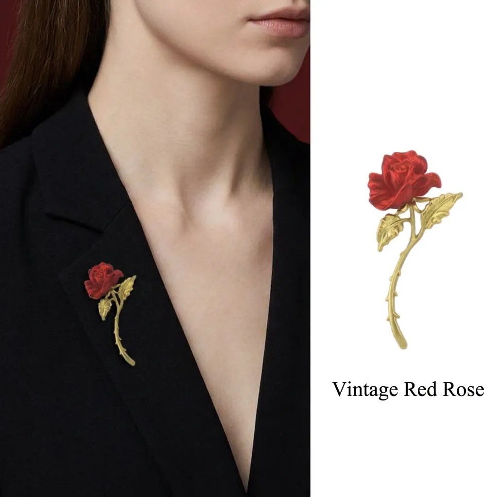 French Romantic Red Rose Brooch Elegant Alloy Baked Lacquer Flower Pin Jewelry Apparel Accessory Gift For Women