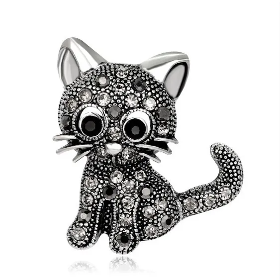 Vintage Cute Alloy Rhinestone Cat Brooch Enamel Style Animal Shaped Breastpin Fashion Clothing Accessories For Women Jewelry