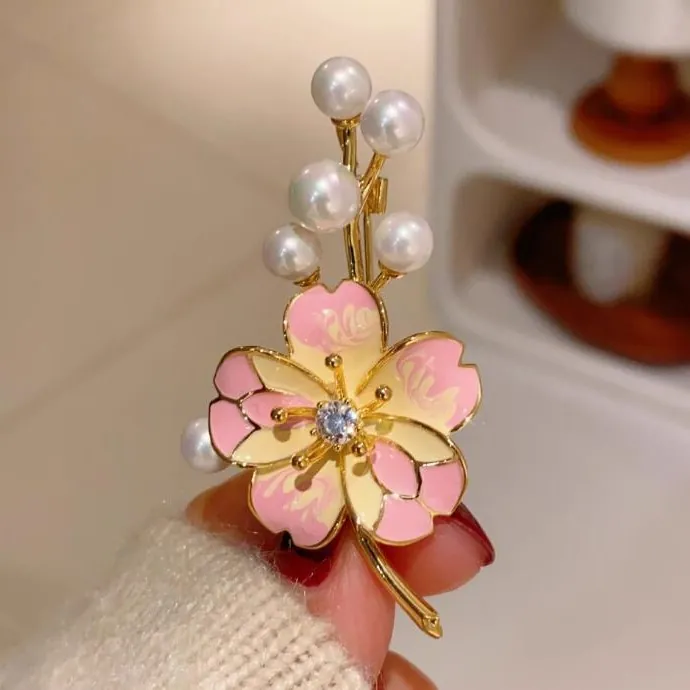 Broche Fleur de Cerisier Style Japonais en Alliage Émail Avec Künstliche Perle Zircon Élégante Femme Bijoux Accessoires de Vêtement