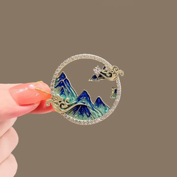 Broche en Émail Paysage de Style Chinois pour Femmes Vintage Ronde en Alliage Strass Épingle de Luxe Accessoires de Robe Bijoux
