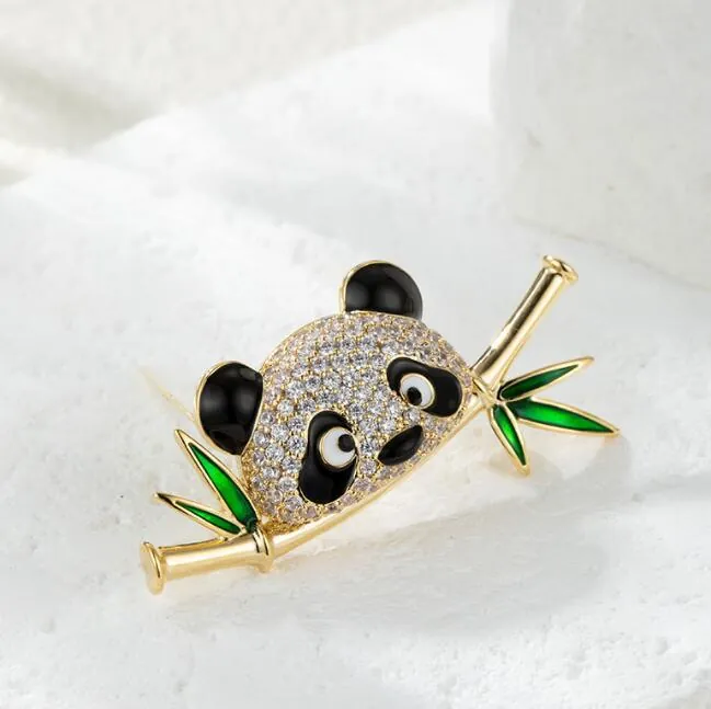 Chinese Style Cute Panda Bamboo Brooch Pin Alloy Rhinestone Enamel Animal Corsage Fashion Jewelry Gift For Women Men