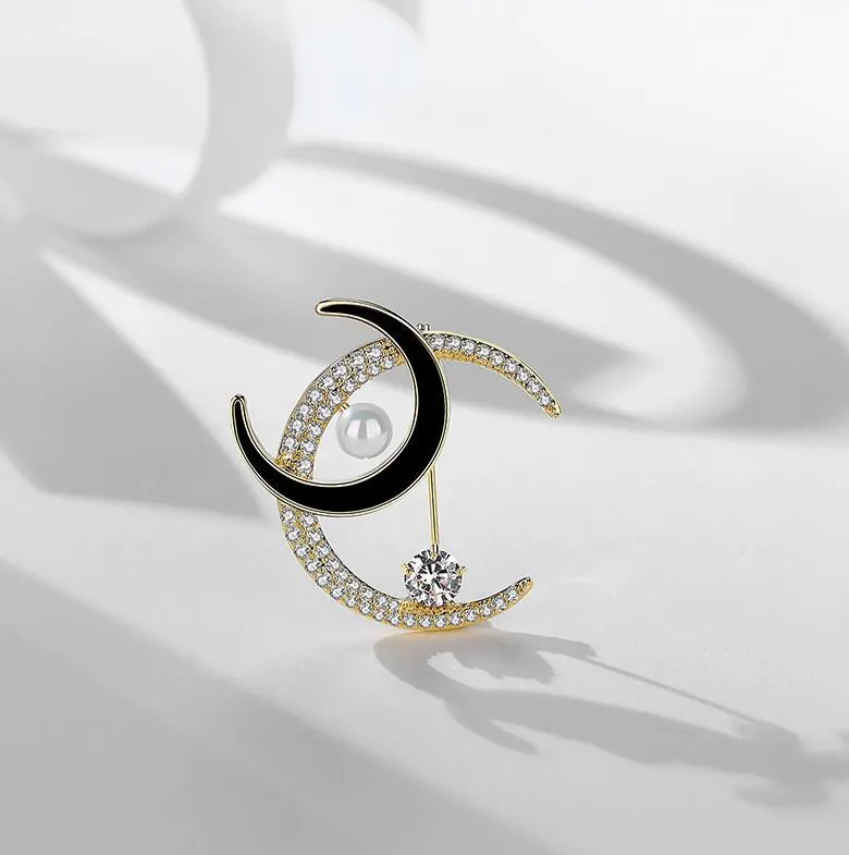 Gemini Crescent Moon Brooch Alloy Black Enamel Artificial Pearl Rhinestone Zirconia Elegant Women Jewelry For Wedding Party