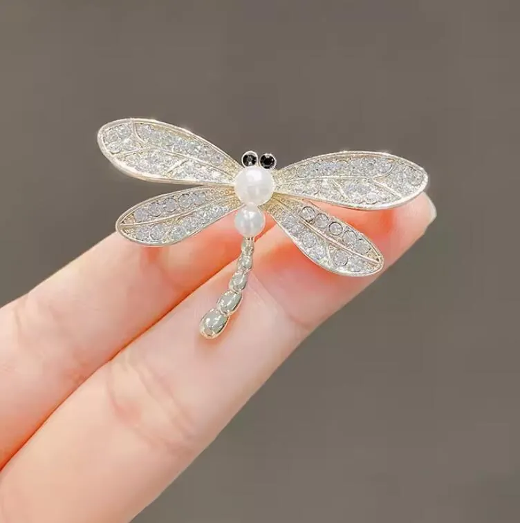 Eleganter Legierung Strass Libelle Brosche Pin Mit Künstliche Perlenimitat Silber Gold Tier Stil Anzug Revers Pin Damen Schmuck