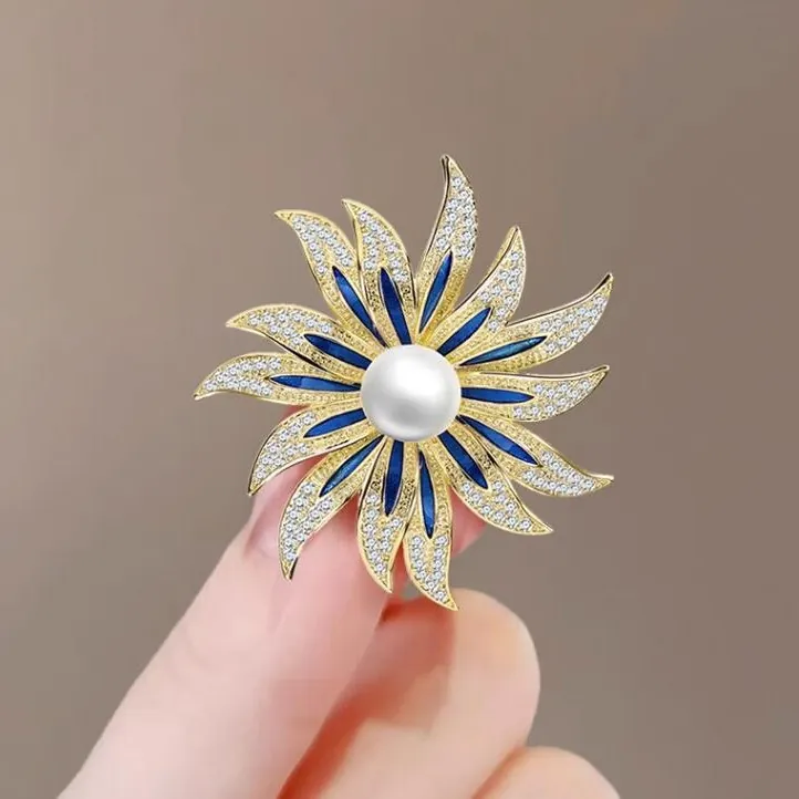 Luxury Alloy Blue Enamel Sunflower Brooch With White Artificial Pearl Zirconia Flower Pin For Women Coat Suit Wedding Jewelry