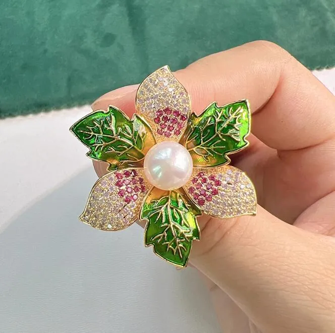 Broche Fleur De Bauhinia Style Chinois Vintage Plaqué Or Émail Künstliche Perle Zirconia Strass Épingle Pour Femmes Bijoux De Mariage Banquet