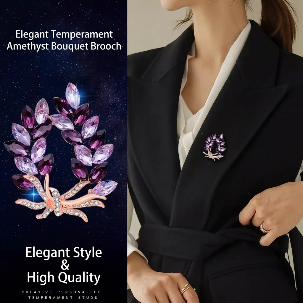 Elegant Purple Rhinestone Flower Wreath Brooch Alloy Leaf Shape Pin Fashion Accessories Jewelry Gift For Women Sweater