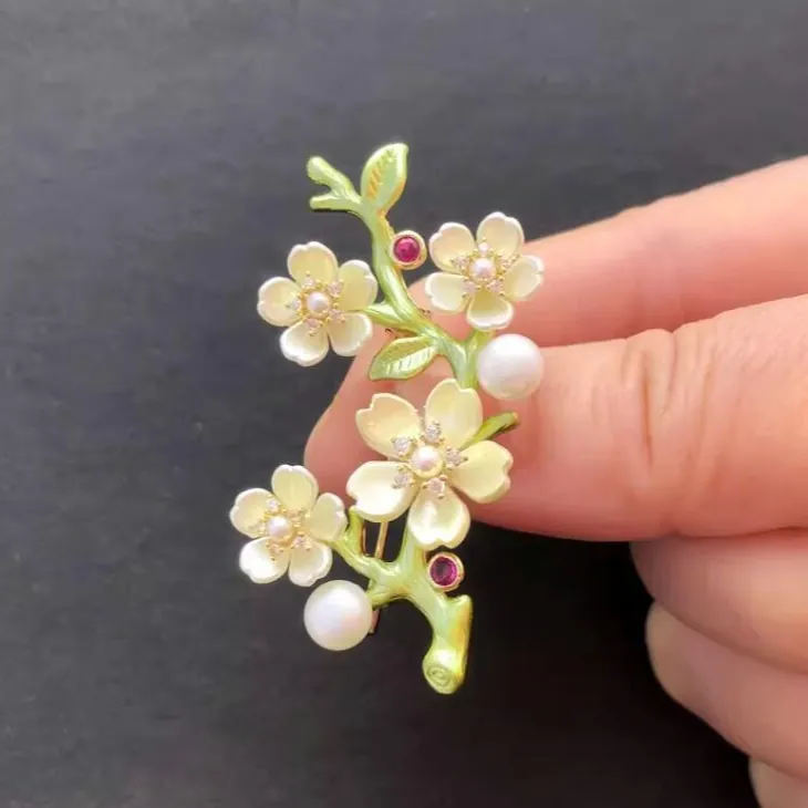 Elegant Alloy Peach Blossom Branch Brooch Artificial Pearl Rhinestone Enamel Floral Corsage Pin For Women Party Jewelry