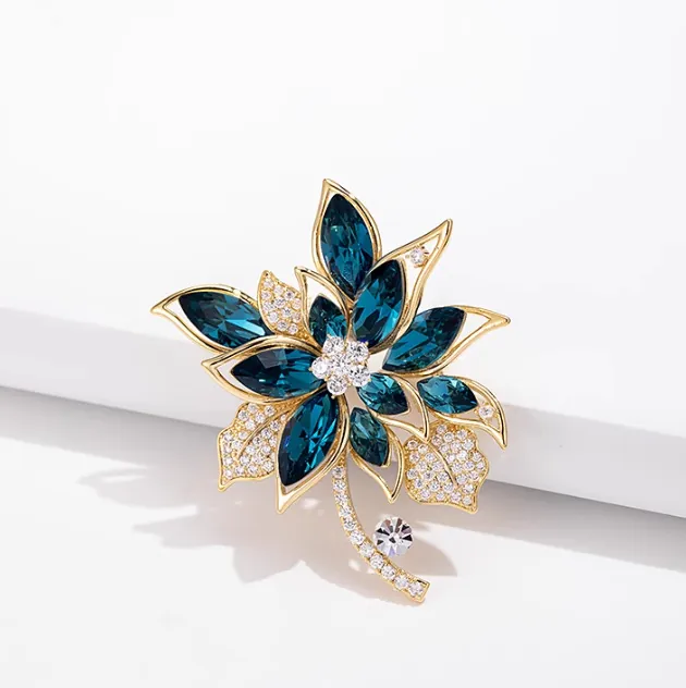 Luxus Legierung Blumen Brosche Mit Dunkelblauem Kristall Elegante Botanische Florale Pin Für Damen Hochzeit Party Schmuck