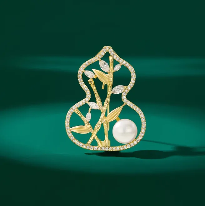 Alloy Rhinestone Chinese Style Gourd Brooch Pin With Imitation Artificial Pearl Elegant Vintage Gold Jewelry Accessory For Women Gift Party