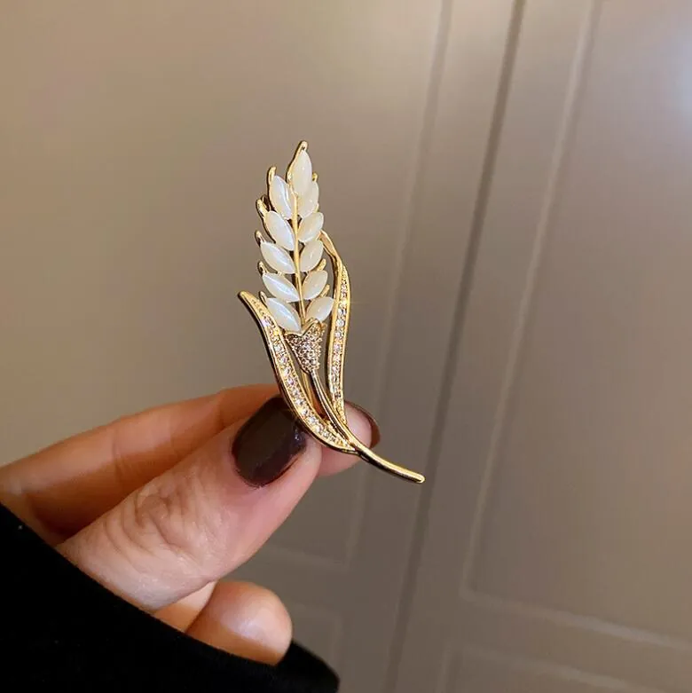 Élégante Broche en Forme d'Épi de Blé en Alliage Avec Pierre Oeil de Chat et Zirconium Plaqué Or Accessoires Bijoux Femme