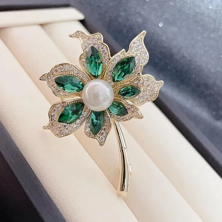 Broche Cocotier en Alliage de Luxe Avec Cristal Marquise Vert Fausse Künstliche Perle Strass Accessoire de Costume Élégant pour Femmes