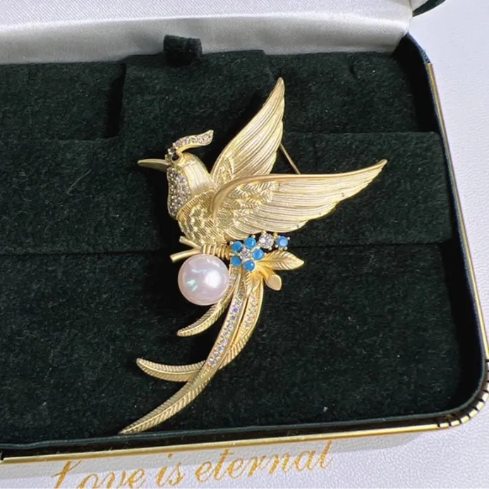 Vintage Gold Plated Alloy Bird Phoenix Brooch Pin Artificial Pearl Rhinestone Embellishment For Women Men Wedding Banquet Jewelry