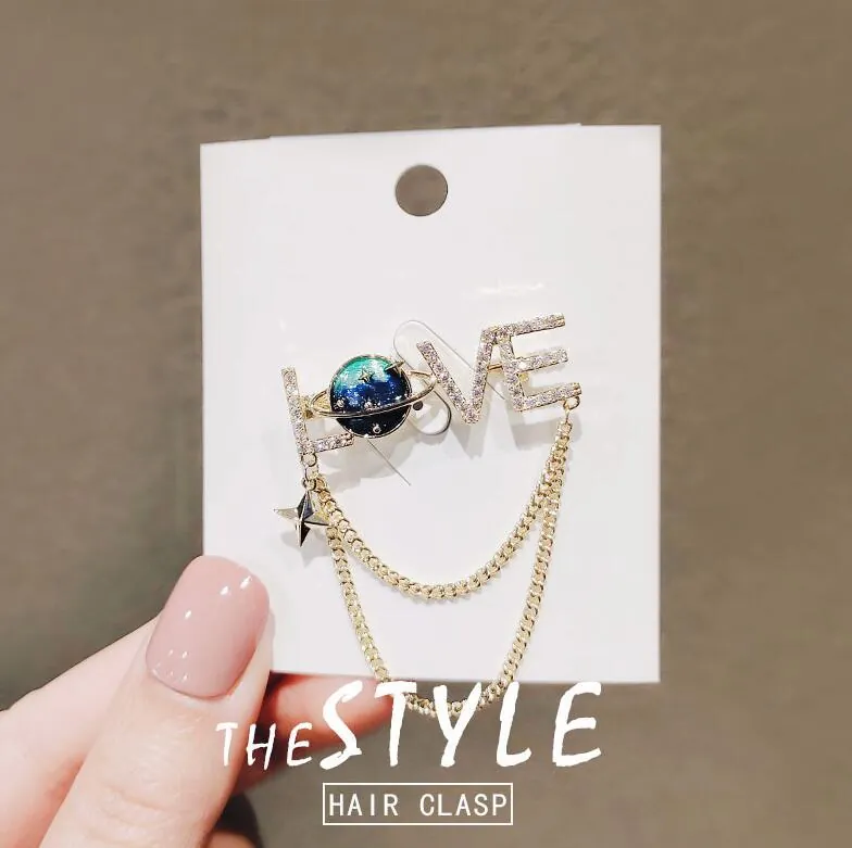 Fantasy Starry Sky LOVE Letter Planet Brooch Alloy Rhinestone Tassel Pin For Women Suit Accessories