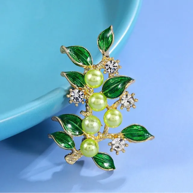 Eleganter Ast Brosche Grüne Emaille Blätter Künstliche Perlenimitat Strass Akzente Legierung Floral Nadeln Für Damen Schmuck Zubehör
