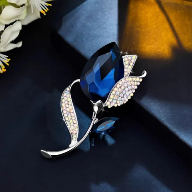 Elegant Tulip Flower Brooch For Women Dark Blue Rhinestone Inlaid Alloy Floral Corsage Pin Fashion Wedding Jewelry Gift
