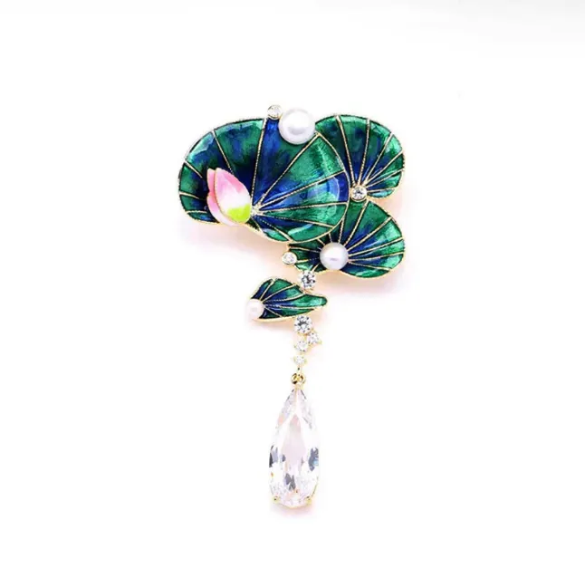 Vintage Legierung Emaille Lotus Blume Brosche Mit Künstliche Perle Strass Wassertropfen Zirkon Anhänger Elegant Damen Schmuck Nadel