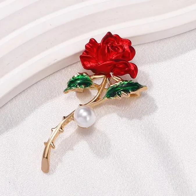 Broche Rose Rouge Élégante pour Femme en Alliage Émail Épingle Florale Avec Künstliche Perle d'Imitation Tige Dorée Mariage Fête Bijoux
