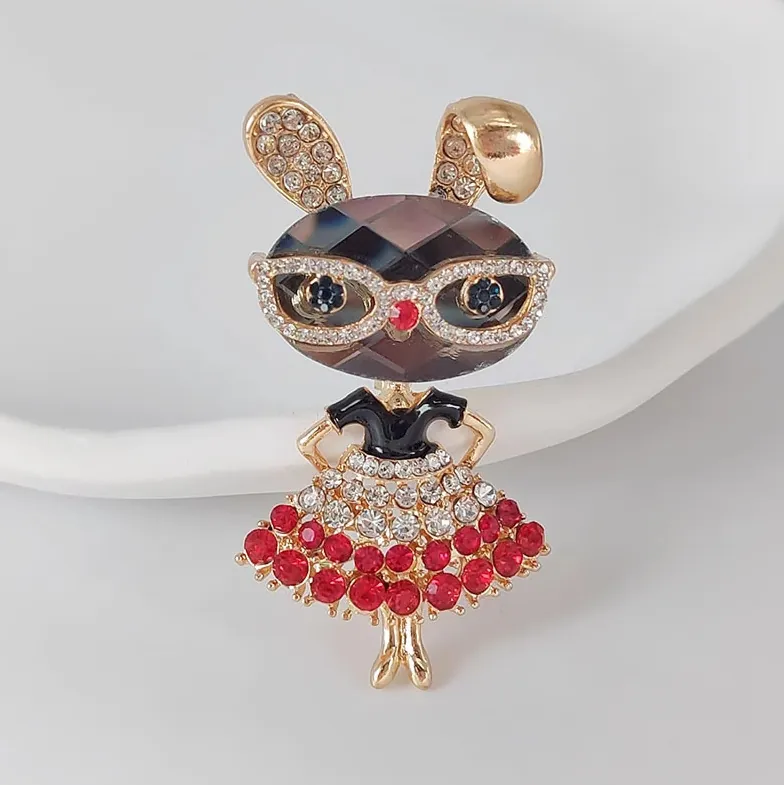 Broche Vintage en Alliage Forme de Fille Lapin Dessin Animé Avec Lunettes en Strass Broche Figure Animale pour Accessoires de Mode Femme