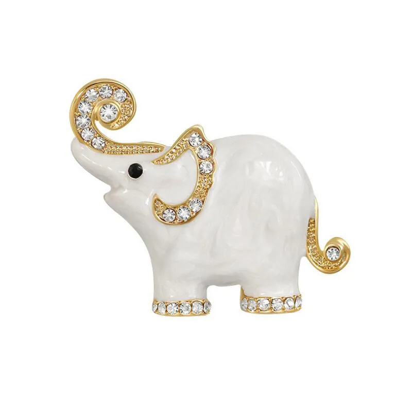 Cute Little Elephant Alloy Brooch For Women White Enamel Texture Rhinestone Animal Corsage Fashion Coat Pin Jewelry Gift
