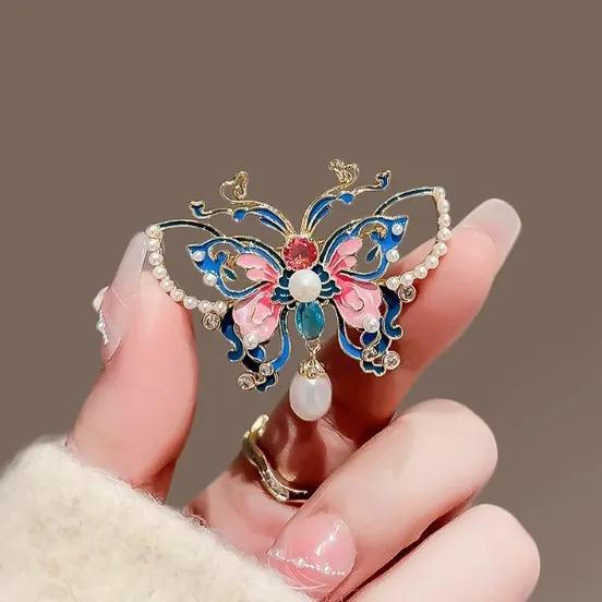 Broche Papillon de Luxe en Alliage Émaillé Avec Künstliche Perles d'Imitation et Strass Pour Femmes Mariage Banquet Bijoux