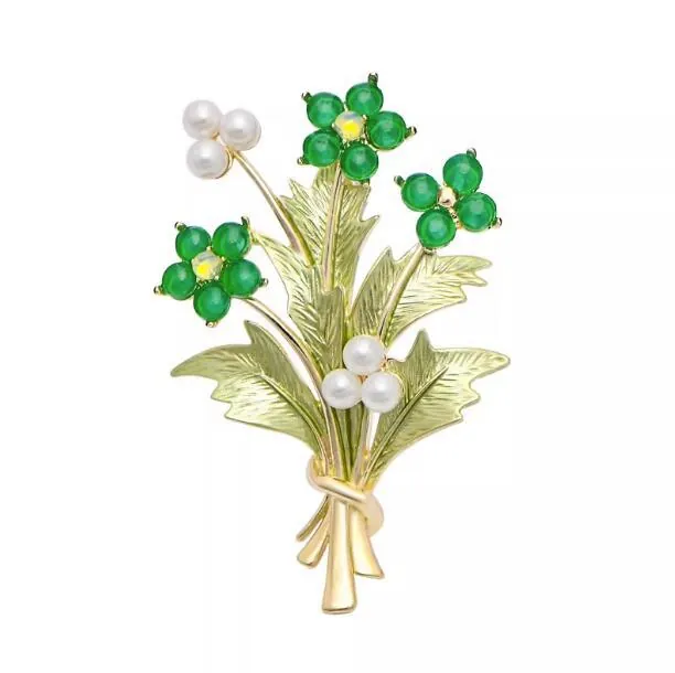 Elegante Spilla a Bouquet di Fiori in Lega Con Strass Verdi Perla Artificial Sintetica Spilla Botanica Dorata Per Gioielli da Donna Cappotto