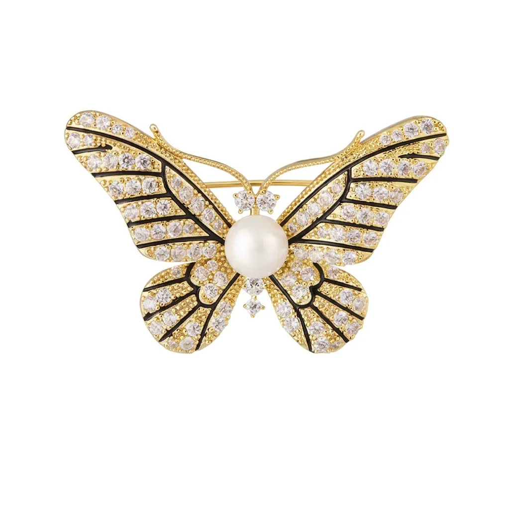 Elegant Alloy Butterfly Brooch Pin With Rhinestone And White Artificial Pearl Gold Tone Jewelry Accessory For Suits Coats Women Men