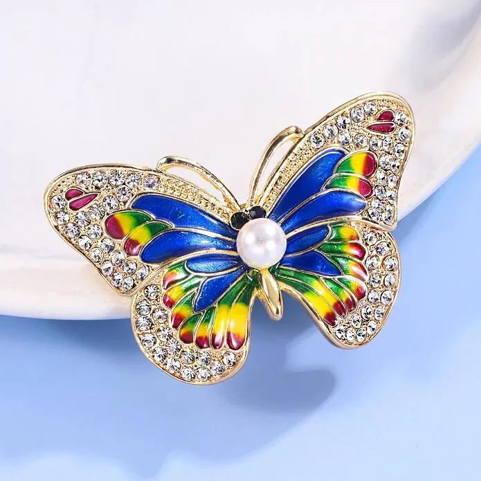 Luxury Alloy Enamel Butterfly Brooch With Rhinestone Faux Artificial Pearl Elegant Vintage Wedding Party Suit Accessories For Women