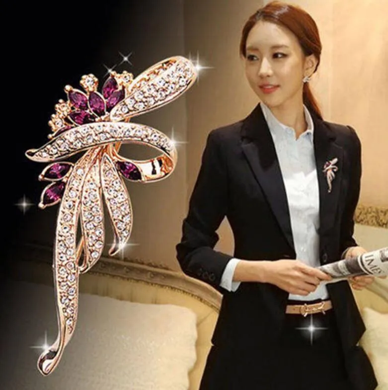 Elegant Ribbon Flower Brooch For Women Alloy Marquise Crystal Rhinestone Lapel Pin Jewelry For Banquet Wedding Gift