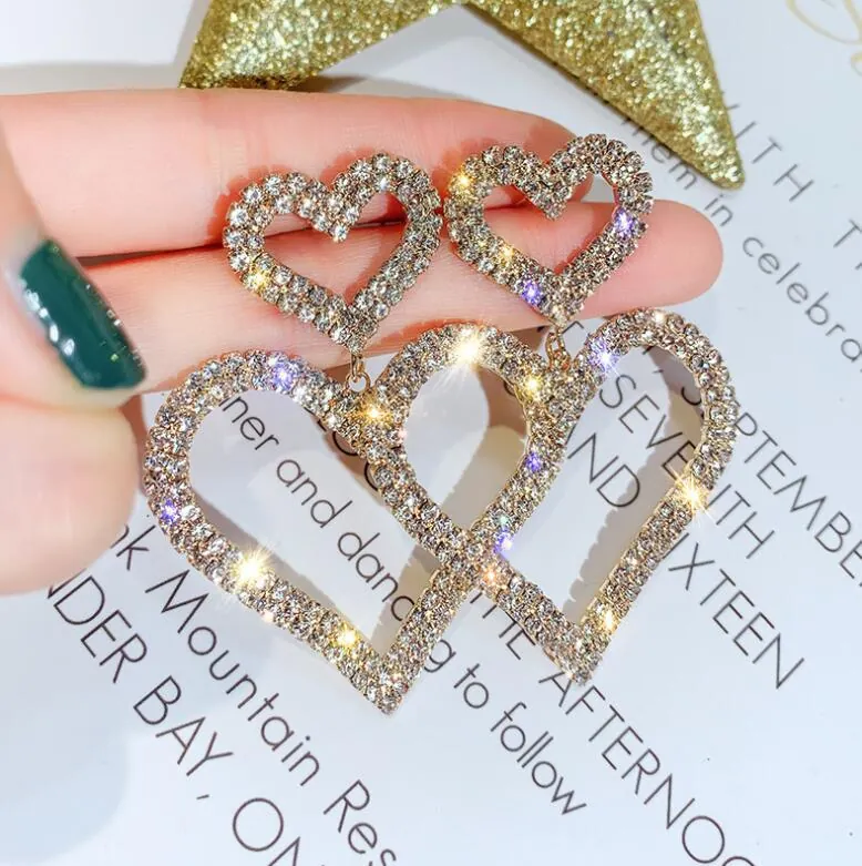 Orecchini a Goccia in Lega di Lusso con Strass e Doppio Cuore Con Perno in Argento Sterling 925 Oro Argento Donna