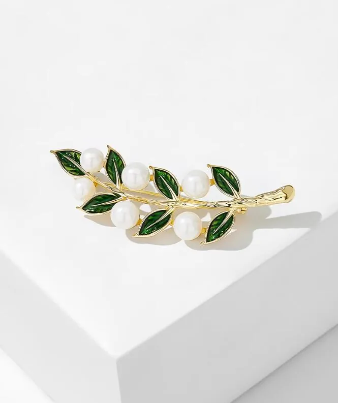 Broche Élégante en Künstliche Perles de Feuille en Alliage Plaqué Or Émail Vert Branche de Plante Broche pour Femmes Bijoux de Costume