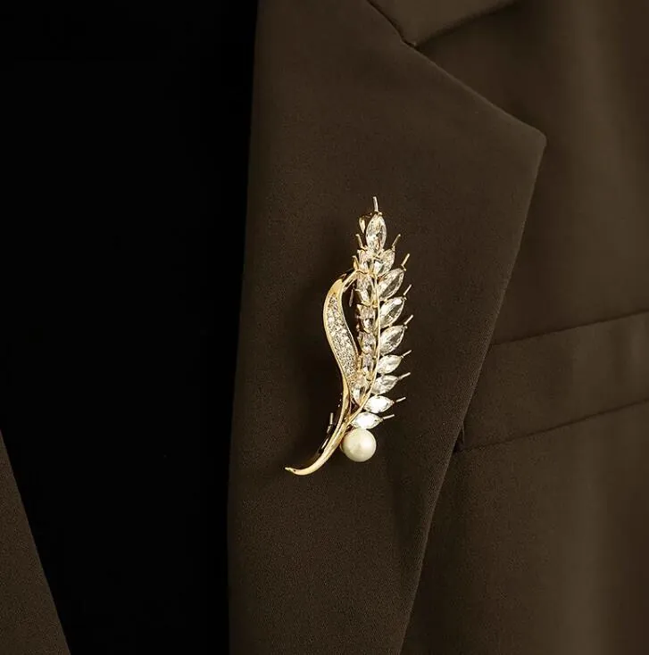 Wheat Ear Artificial Pearl Brooch Alloy Zircon Elegant Rhinestone Corsage Pin For Women Wedding Party Banquet Formal Apparel
