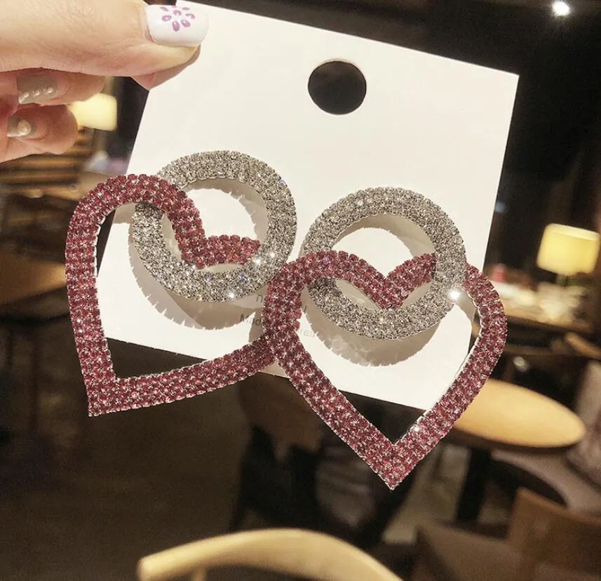Exaggerated Alloy Heart Shape Rhinestone Stud Earrings With 925 Sterling Silver Earring Post Fashion Drop Jewelry For Women