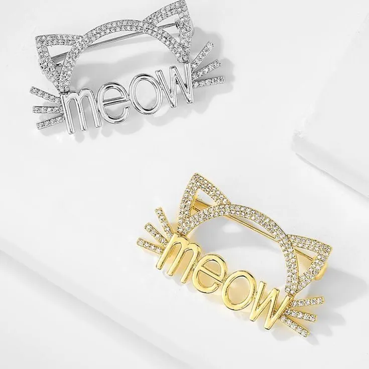 Broche Créative Chat Mignon Lettre Meow en Alliage et Strass pour Femmes Plqué Or Argent Animal Dessin Animé Corsage Bijoux Mode Épingle