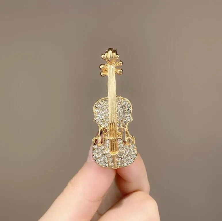 Elegante Mode Violine Brosche Für Damen Legierung Strass Eingelegt Cardigan Pin Musikinstrument Schmuck Zubehör Gold Silber