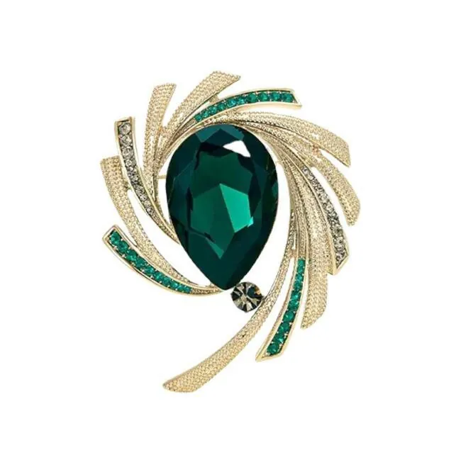Vintage Gold Alloy Moon Brooch Green Artificial Gemstone Rhinestone Elegant Jewelry For Women Fashion Accessory