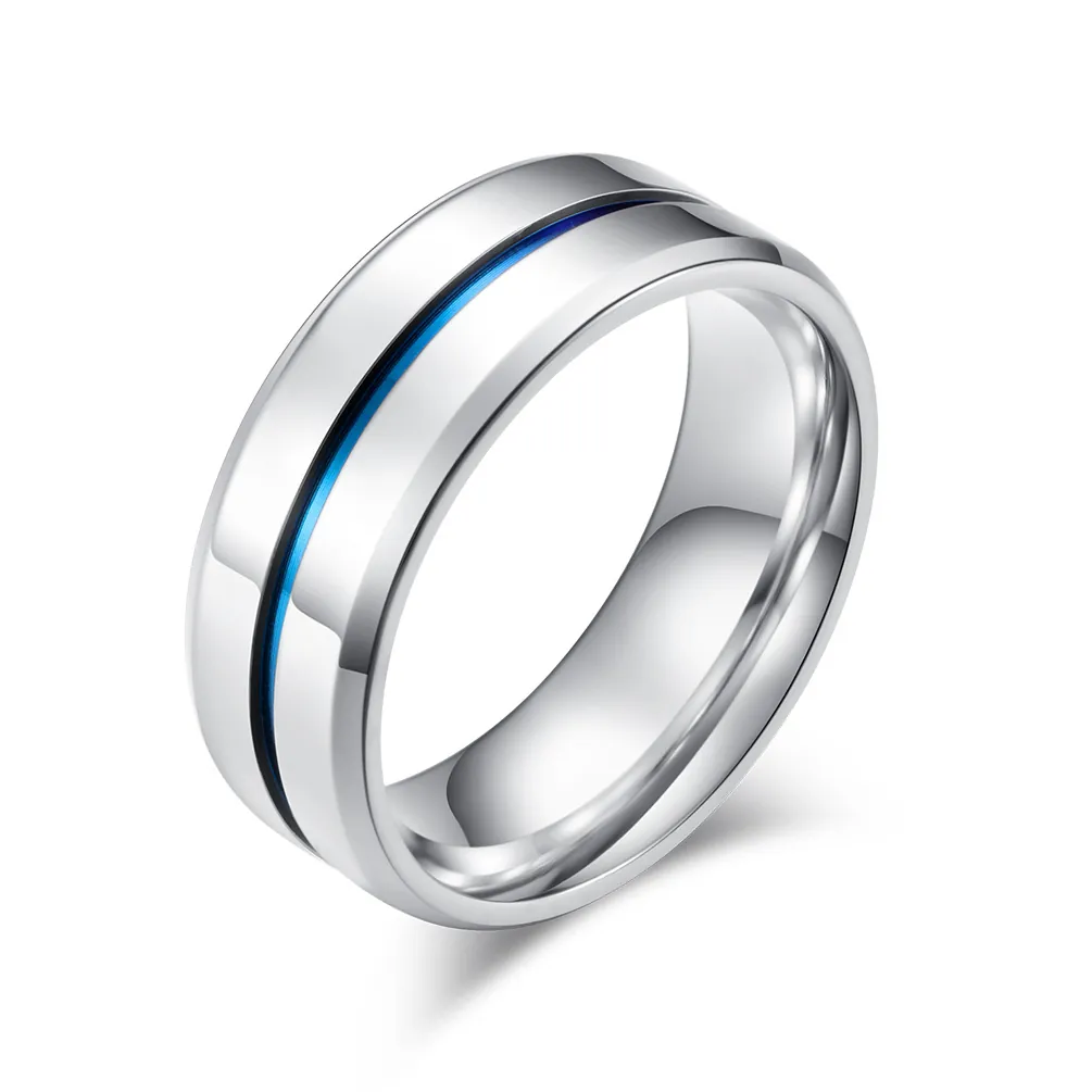 Minimalist Stainless Steel Ring For Men Women Fashion Blue Groove Polished Band Jewelry Finger Accessory Daily Casual Wear