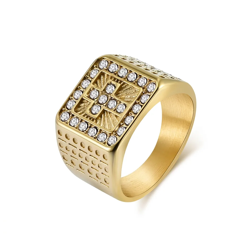 Stainless Steel Hip Hop Cross Rhinestone Ring For Men Women Punk Religious Jewelry Gold Silver Plated Square Signet Finger Ring