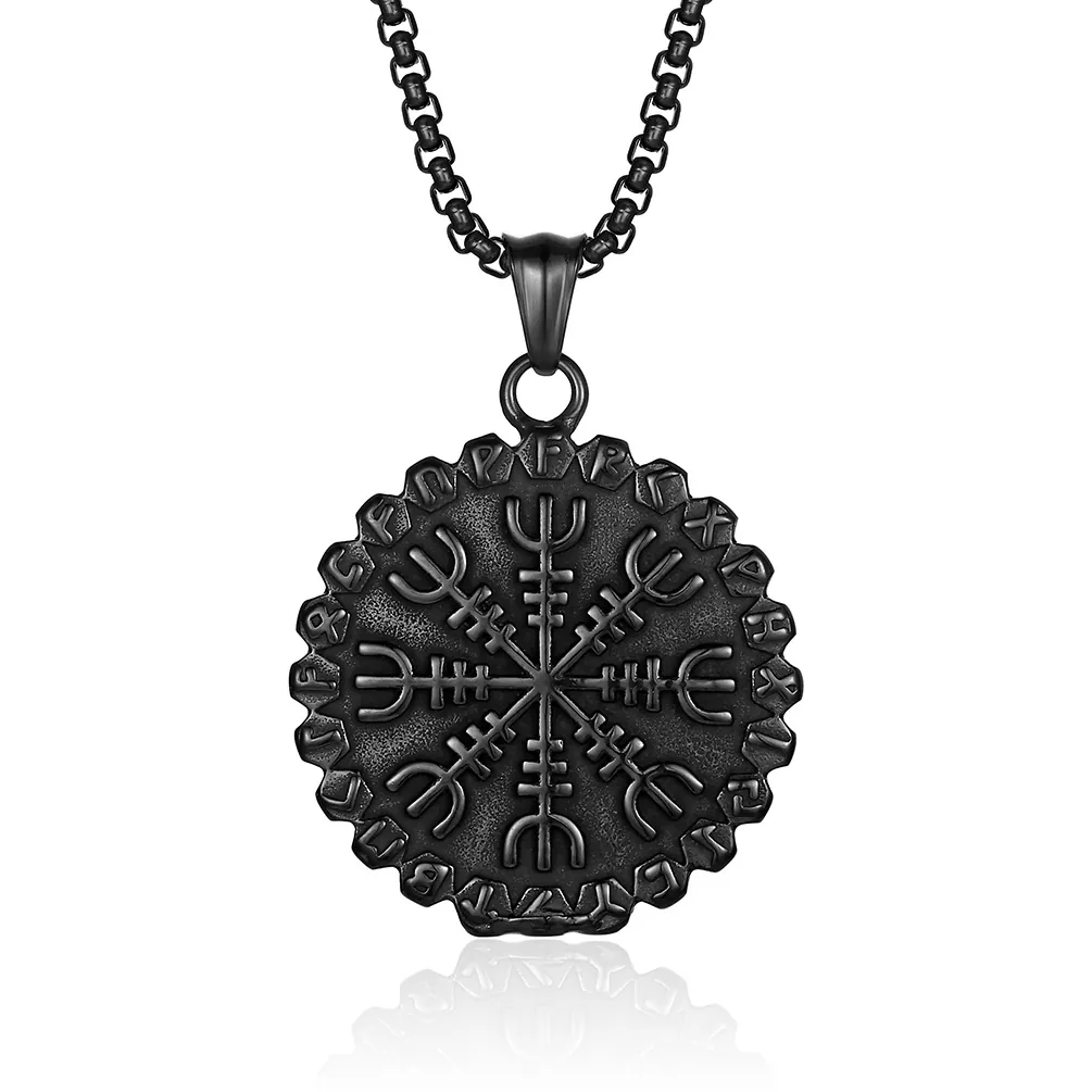 Viking Compass Rune Pendant Necklace Vintage Nordic Stainless Steel Round Medallion For Men Women Mystic Jewelry Gift