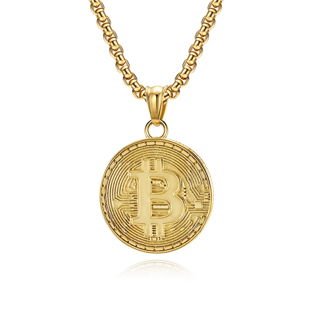 Hip Hop Bitcoin Cryptocurrency Pendant Necklace For Men Women Stainless Steel Round Gold Silver Black Polished Jewelry Gift