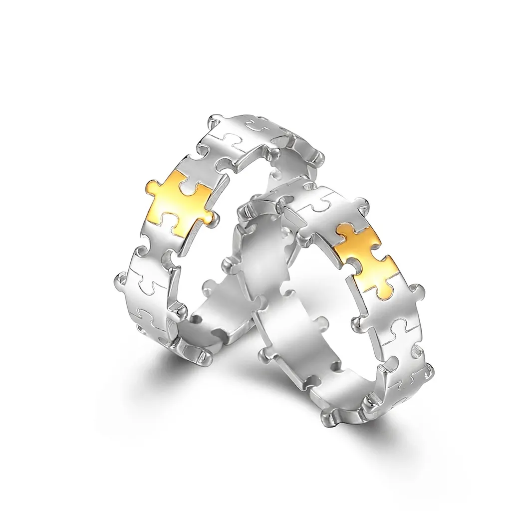 Trendy Stainless Steel Puzzle Ring For Couples Unisex Two Tone Gold Silver Plated Polished Band Jewelry Anniversary Gift