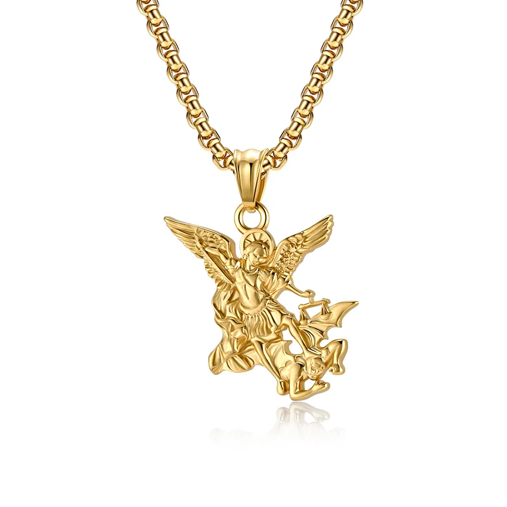 Vintage Roestvrij Staal Aartsengel Michaël Hanger Ketting Voor Heren Religieuze Bescherming Polijsten Box Ketting Retro Sieraden