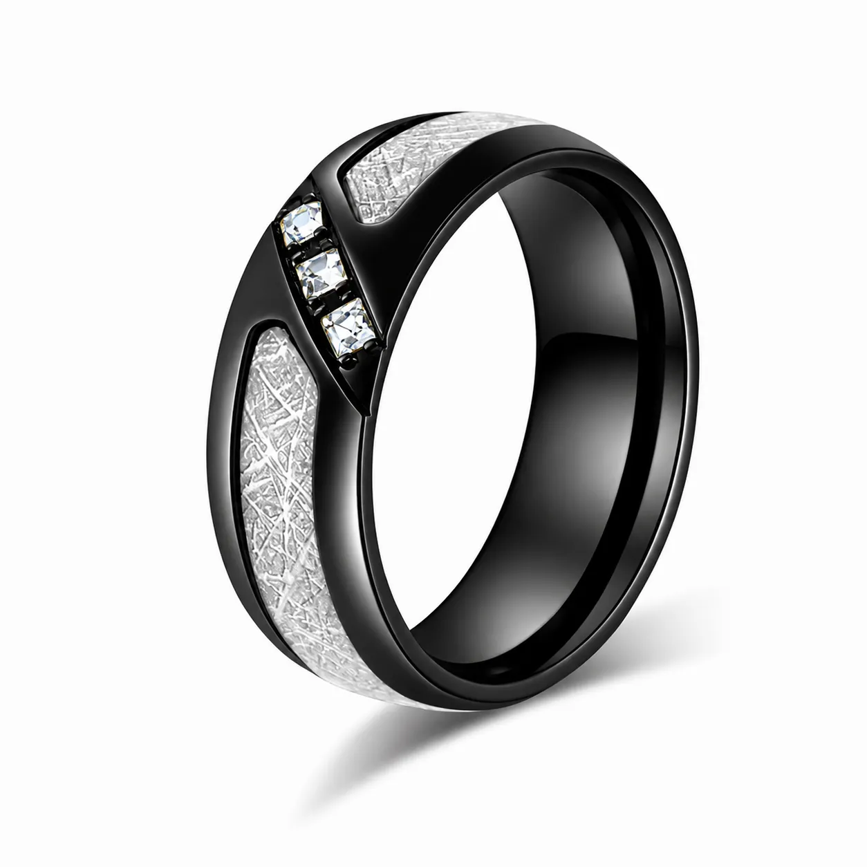 Anillo de Acero Inoxidable con Textura de Meteorito para Hombre Mujer Triple Incrustación de Strass Joyería de Moda