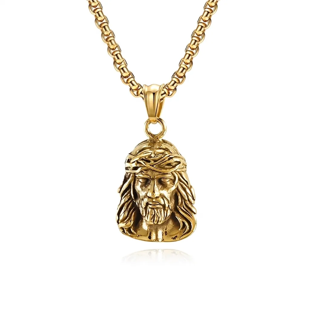 Vintage Stainless Steel Jesus Portrait Pendant Necklace With Rhinestone Polished Religious Jewelry For Men Women Daily Accessory
