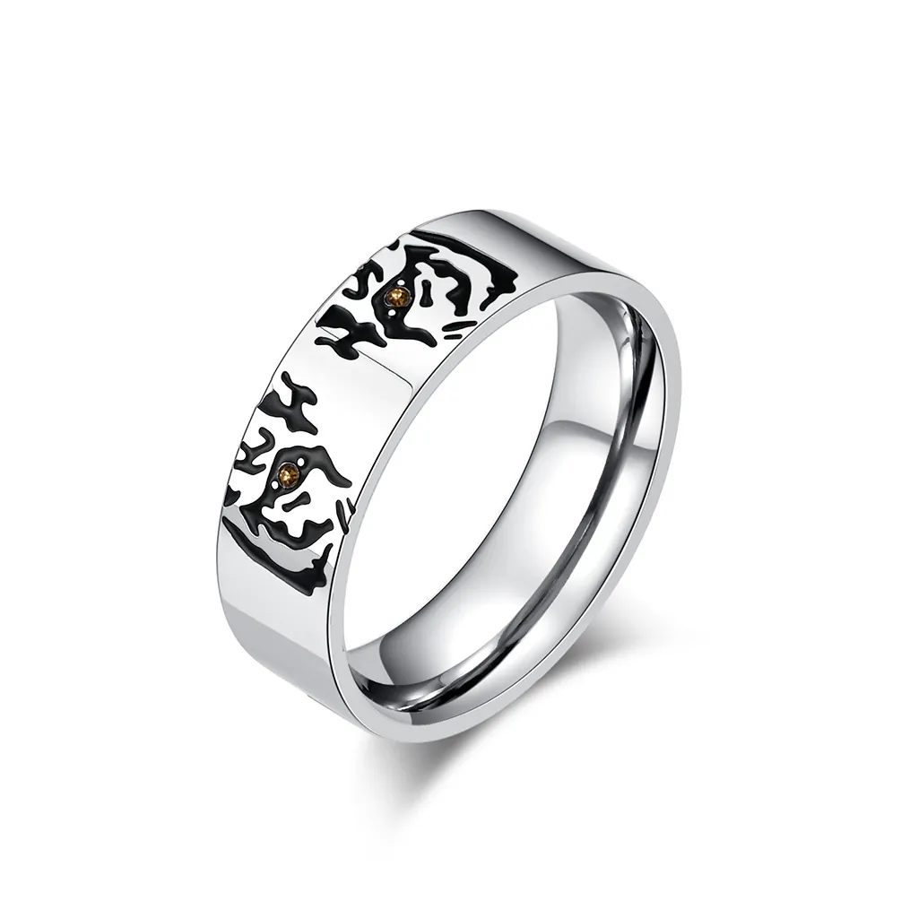 Stainless Steel Animal Sketch Ring For Men Women Polished Tiger Wolf Cat Head Engraved Rhinestone Inlaid Band Fashion Jewelry