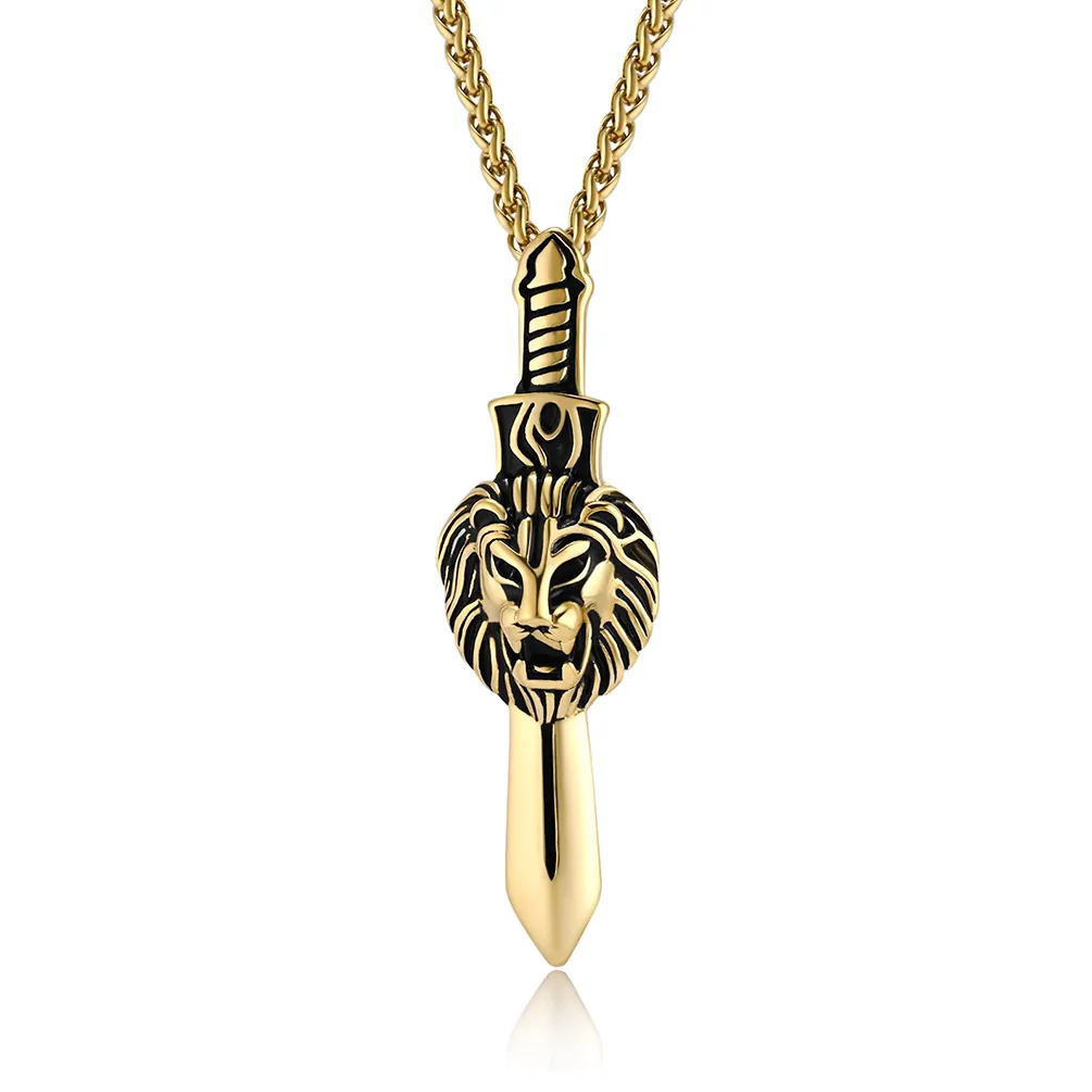 Retro Löwenkopf Schwert Edelstahl Halskette Für Herren Punk Gothic Dolch Anhänger Vintage Silber Gold Schwarz Emaille Kette Schmuck