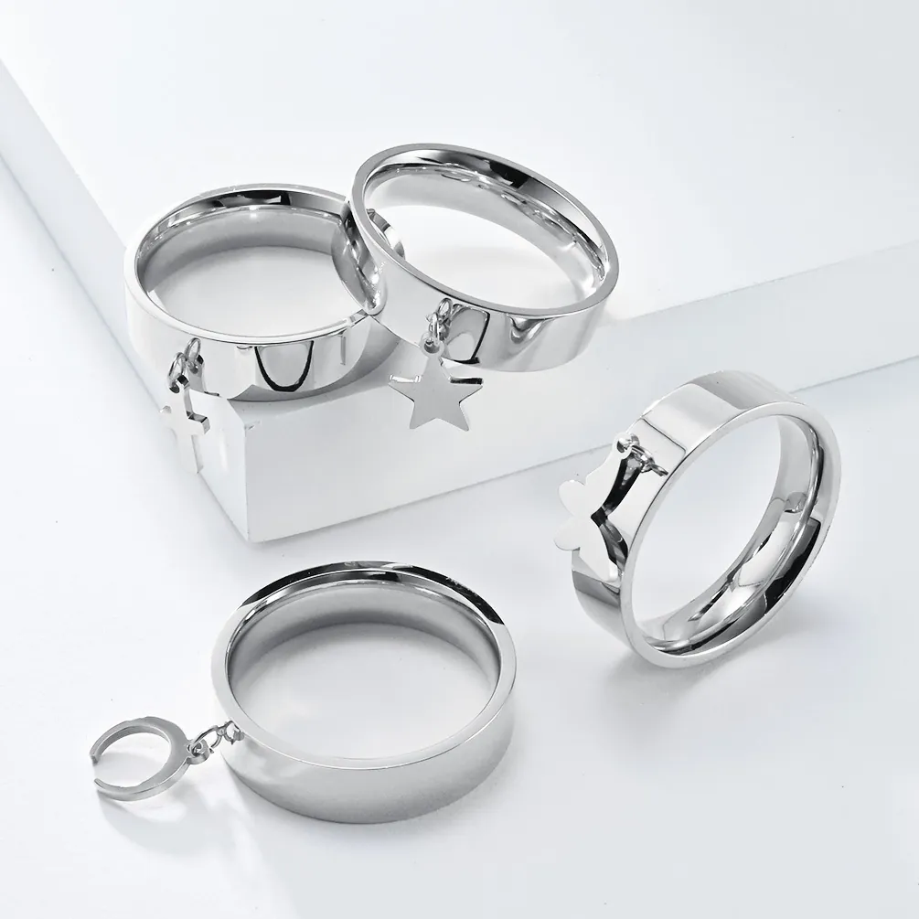 Minimalist Stainless Steel Dangle Charm Ring For Women Men Unisex Gold Silver Star Moon Butterfly Cross Polished Jewelry