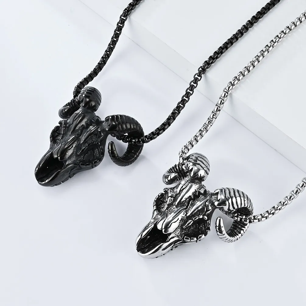 Stainless Steel Goat Skull Necklace Gothic Punk Goat Head Pendant Satanic Devil Skull Necklace For Men Women Dark Jewelry